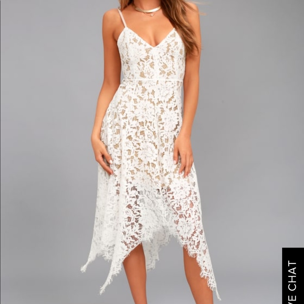 Lulu’s one wish white lace midi dress